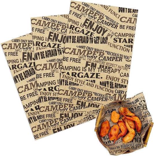 OTOPETE 200Pcs Food Wrapper Paper Sheets, 12"x7.8" Grease Resistant, Camping Theme Hamburger Sandwich Basket Liner, Tray Liner for Home Kitchen Baking, Picnic, Party, Kraft