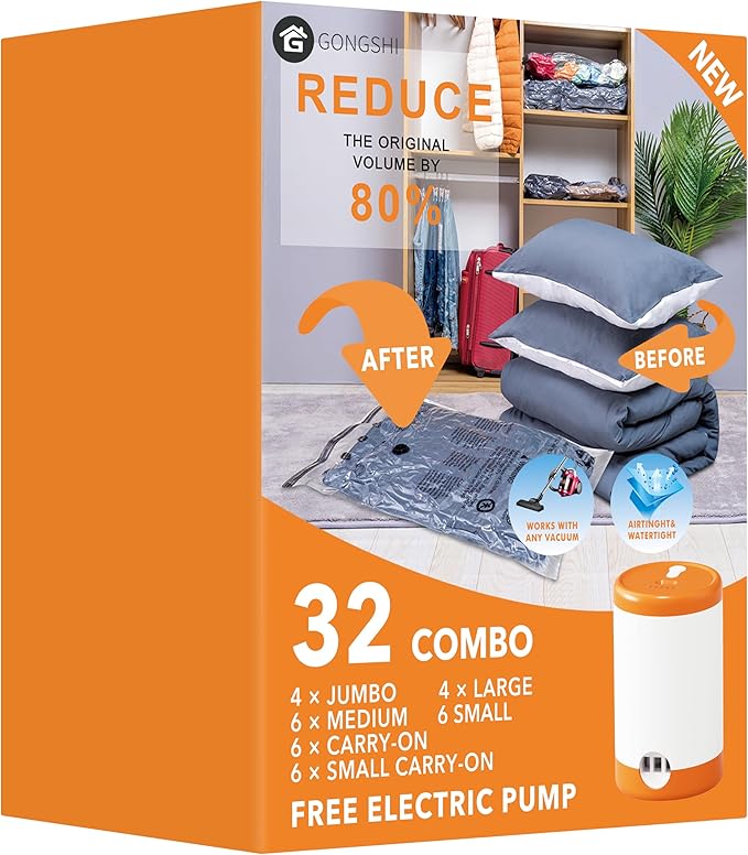 32 Pack Vacuum Storage Bags with Electric Pump Space Saver Bag for Clothes, Mattress, Blanket, Duvets, Pillows, Comforters,Travel