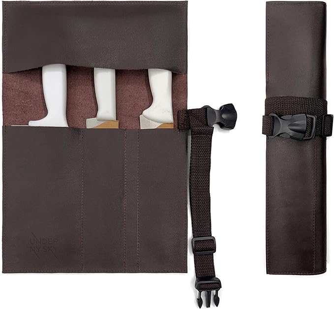 Under NY Sky Genuine Leather Knife Roll Case - 3 Slots - Real Leather Pouch - Portable Bag for Cooking Tools, Utensils, Cutlery Knives, Brushes - Chefs, Kitchen, Travel, Gift - Brown L