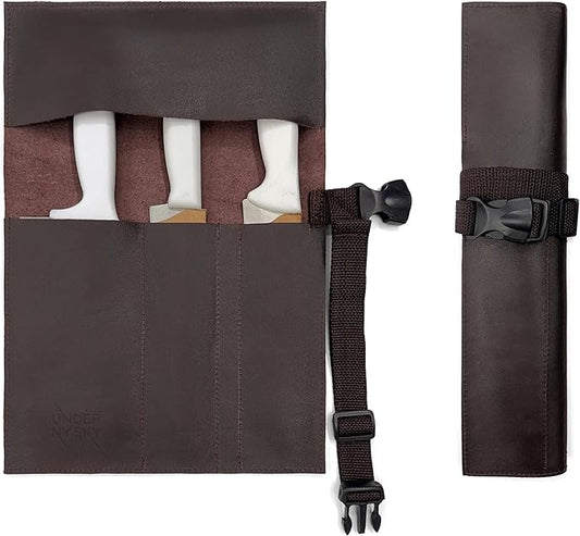 Under NY Sky Genuine Leather Knife Roll Case - 3 Slots - Real Leather Pouch - Portable Bag for Cooking Tools, Utensils, Cutlery Knives, Brushes - Chefs, Kitchen, Travel, Gift - Brown L