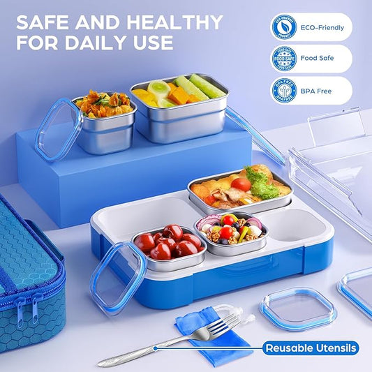 Bento Box Stainless Steel Lunch Box Set with for Lunch Bag Kids Adult 5-Compartment Leakproof Insulated Lunch Containers with Utensils for School Works, Metal Lunchbox Tray BPA-Free (Blue)
