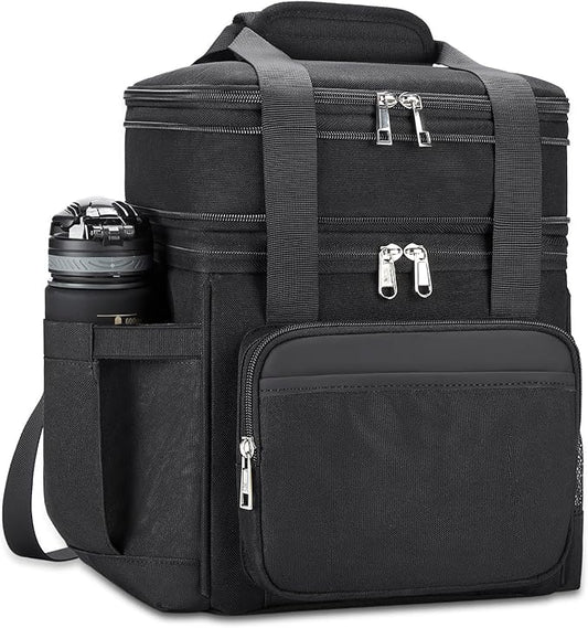 Insulated Lunch Bag & Lunch Box for Men - Double Deck Reusable Lunch Bag for Women Tote Cooler Bag Leakproof Soft Expandable - Extra Large Lunchbox for Work/Adult/Picnic/Outdoor (Black，22L)