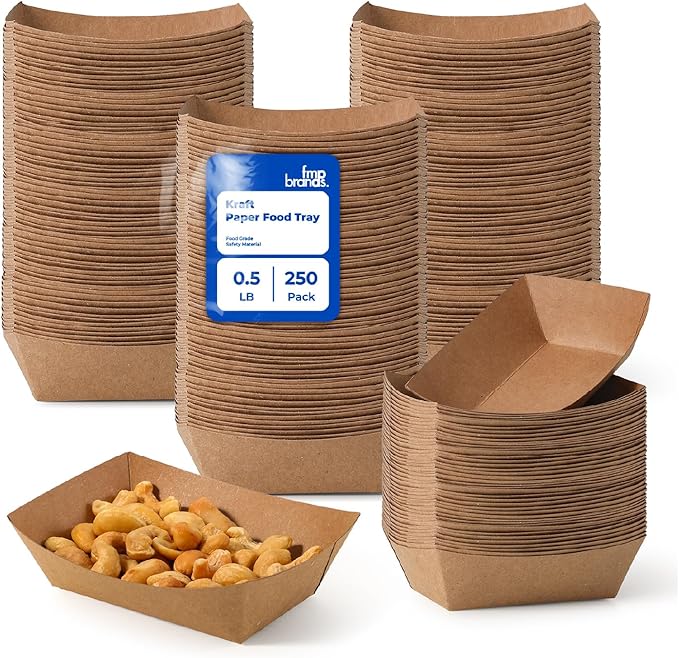 Fit Meal Prep [250 Pack 0.5 lb Paper Food Boats Heavy Duty Disposable Food Trays, Kraft Brown Nacho Tray for Parties Fairs Picnics Carnivals, Holds Sause Candies Nut Grease Resistant
