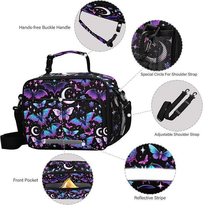 MNSRUU Student Lunch Bag Neon Purple and Bats Stars and Moons Insulated DinnerTotes Picnic Bag Lunch Box with Adjustable Shoulder Strap for Teen Kids Adults