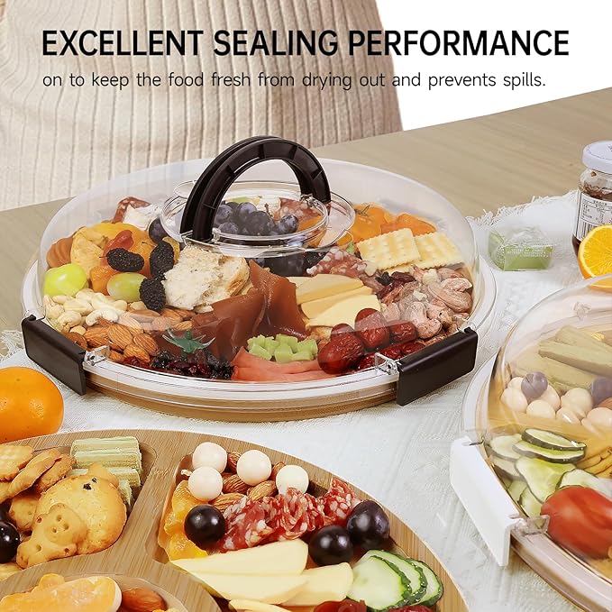 Round Charcuterie Board with Clear Lid, Travel Picnic Portable Cheese Board Charcuterie Boxes, Meat Fruit Serving Tray Platter, House Warming Gifts New Home, Gifts for Women