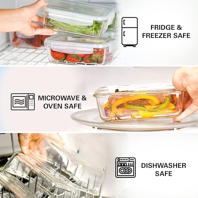 Razab 16 Pc (Set of 8) 30 Oz Glass Food Storage Containers with Lids, Airtight Large Reusable Leak Proof BPA Free Food Prep Containers, Freezer to Oven Safe
