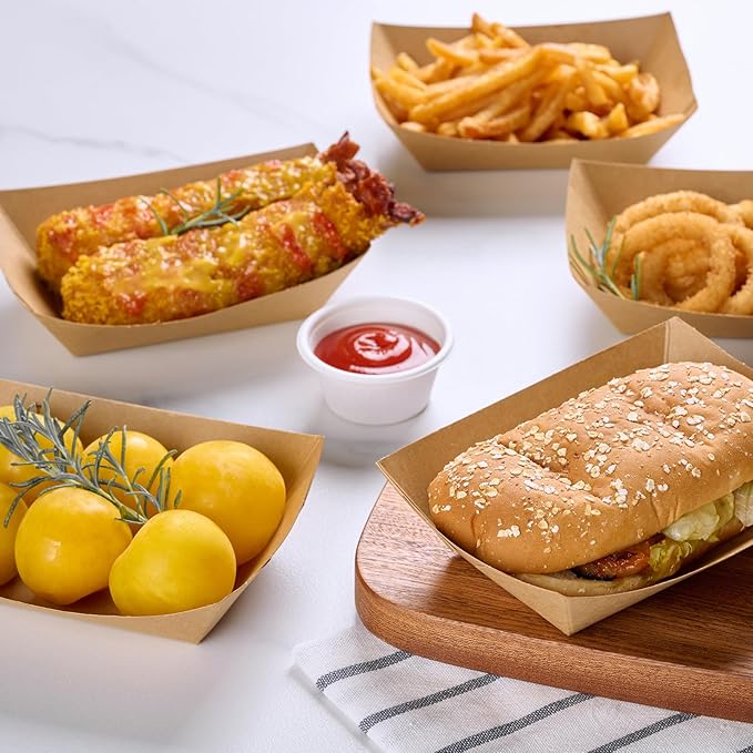 JOLLY CHEF 2lb Paper Food Trays, 100 Pack Disposable Paper Boat, Kraft Serving Boats, Food Holder Trays for Snacks French Fries Nachos Hot Dog Tacos BBQ Party