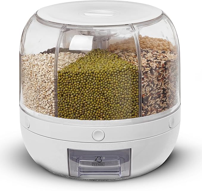 Grain and Rice Dispenser, 8 Quarts Rotating 360° Kitchen Dry Food Storage Container with 6 Compartments, Easy Disassembly for Cleaning, Compact Design