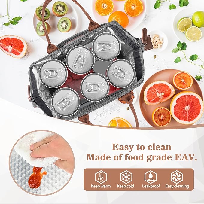 LOKASS Insulated Lunch Bag for Women & Men - Reusable 10 L Lunch Box for Women - Leakproof Tote Cooler Bag for Adults Work, Beach, Travel, Picnic (Grey)