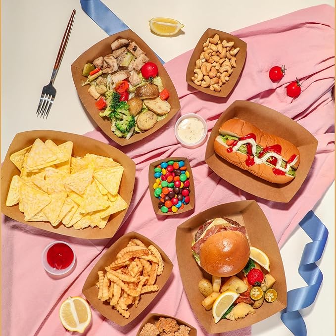 Fit Meal Prep [250 Pack 0.5 lb Paper Food Boats Heavy Duty Disposable Food Trays, Kraft Brown Nacho Tray for Parties Fairs Picnics Carnivals, Holds Sause Candies Nut Grease Resistant
