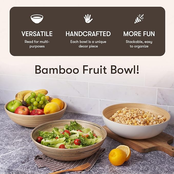 LEXA Bamboo Salad Bowl 12 Inch Extra Large Serving Bowl, Lightweight Popcorn Bowl or Chip Bowl for Party Snacks, Handcrafted Salad Bowls Large Serving - Black Color, LXSB04
