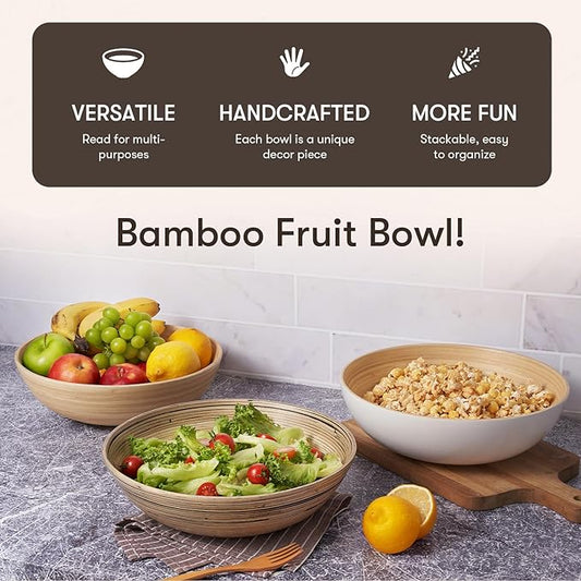 LEXA Bamboo Salad Bowl 12 Inch Extra Large Serving Bowl, Lightweight Popcorn Bowl or Chip Bowl for Party Snacks, Handcrafted Salad Bowls Large Serving - Black Color, LXSB04