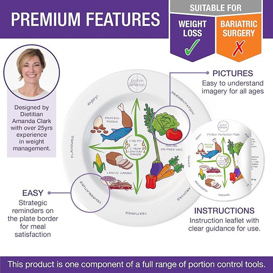Portion Perfection PORCELAIN Weight Control Plate for Women & Men, 2 Weightcontrol Serving Sizes on all 10-inch Adult Portion Control Plates, Ideal Weight Control Products, Diabetes & Healthier Diets