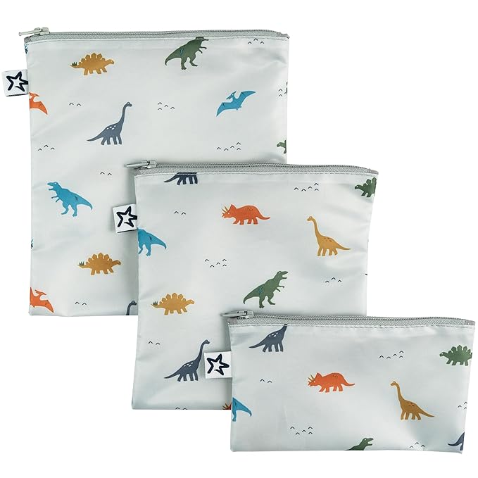 Tiny Twinkle 3 Pack Reusable Snack Bags - Machine Washable, PFAS, PVC, BPA, Phthalate-Free Reusable Baby and Toddler Food Safe Snack Bags (Dinosaur)