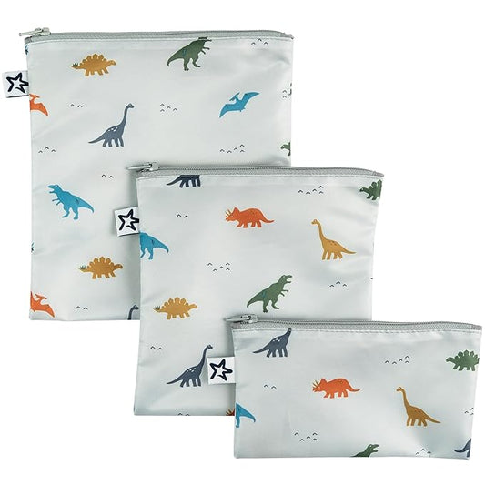 Tiny Twinkle 3 Pack Reusable Snack Bags - Machine Washable, PFAS, PVC, BPA, Phthalate-Free Reusable Baby and Toddler Food Safe Snack Bags (Dinosaur)