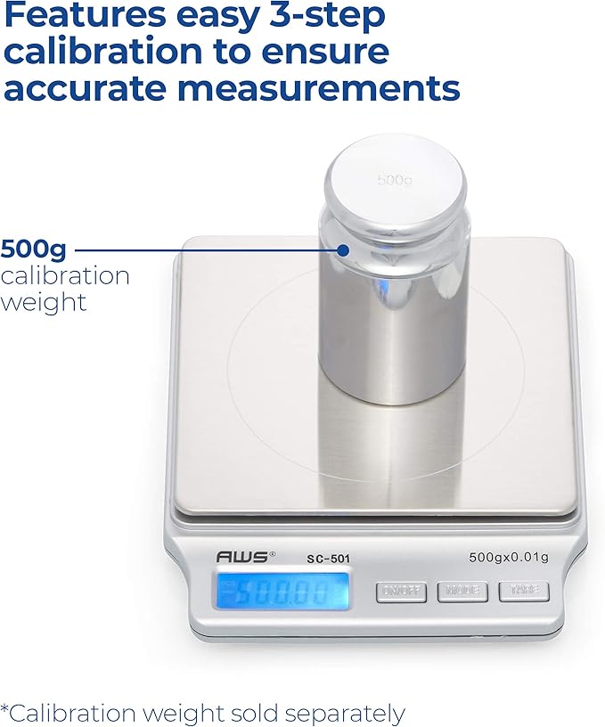 American Weigh Scales SC Series Precision Digital Food Kitchen Weight Scale, LCD Display, Silver, 500 x 0.01G (AMW-SC-501)