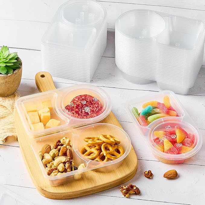 Qeirudu 40 Sets 6 oz Reusable Plastic Snack Containers, Double Compartment Condiment Containers with Lids for Meal Prep, Dipping Sauce, Portion Control, Travel Snack