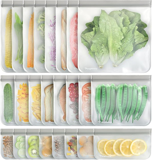 24 Reusable Food Storage Bags, Freezer Bags with Pack BPA FREE (8 Reusable Gallon Bags+8 Leakproof Reusable Sandwich Bags+8 Food Grade Snack Bags) EXTRA THICK Reusbale Lunch Bag for Salad Fruit