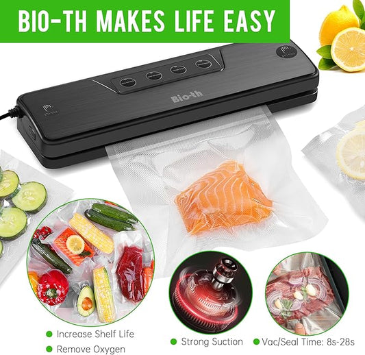 Bio-th Vacuum Sealer for Food Storage, Food Saver Vacuum Sealer Machine, Fast & Compact Vacuum Sealer for Food, Multi-Functional with Dry & Wet Modes, Includes 15pcs Big Size Bags (25x30cm)