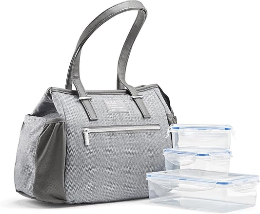 Fit & Fresh Women's Insulated Lunch Bag for Work, Large Lunch Box With 3 Snap-Lid Containers, Zipper, Stain-Resistant, Copley Kit, Gray