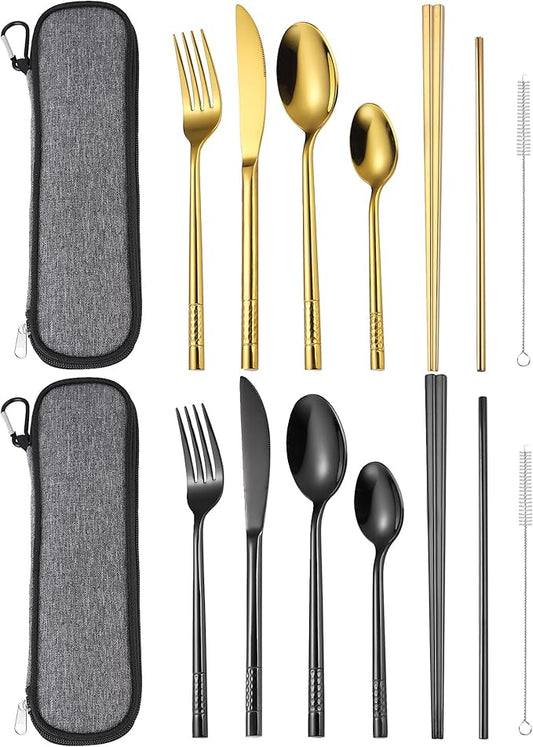 AARAINBOW 7 Pieces Stainless Steel Flatware Set 2 Pack Portable Reusable Cutlery Set Travel Utensils Set with Chopsticks Knife Fork Spoon Set with Straws Cleaning Brush (Black+Golden)