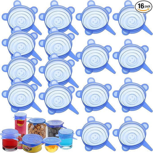 Patelai Silicone Stretch Lids 16 Pieces 2.6-3.3 Inch Microwave Cover for Food Round Reusable Silicone Lids for Bowls, Food Covers (Blue)