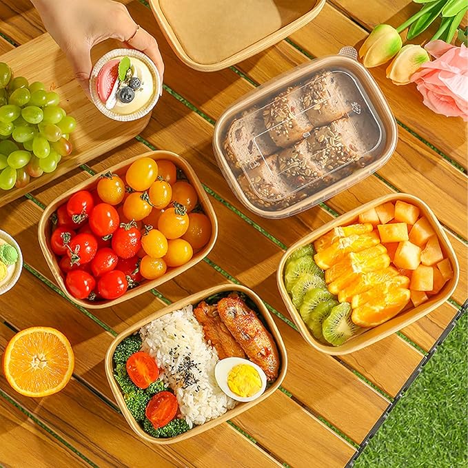 50-Pack 29oz Disposable Kraft Paper Bowls【with Lids and Forks】, Meal Prep Containers Disposable Large Paper Bowls, Leakproof Food Containers Treat Soup Serving Bowl, Microwave Safe for Hot/Cold Food