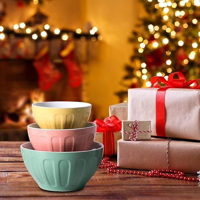 Lareina Ceramic Mixing Bowls for Kitchen, 3-Piece Large Colorful Serving Bowls, 3.13/1.68/1.18 Qt Deep Microwaveable Nesting Bowl, Stackable and Functional, Ideal Gift