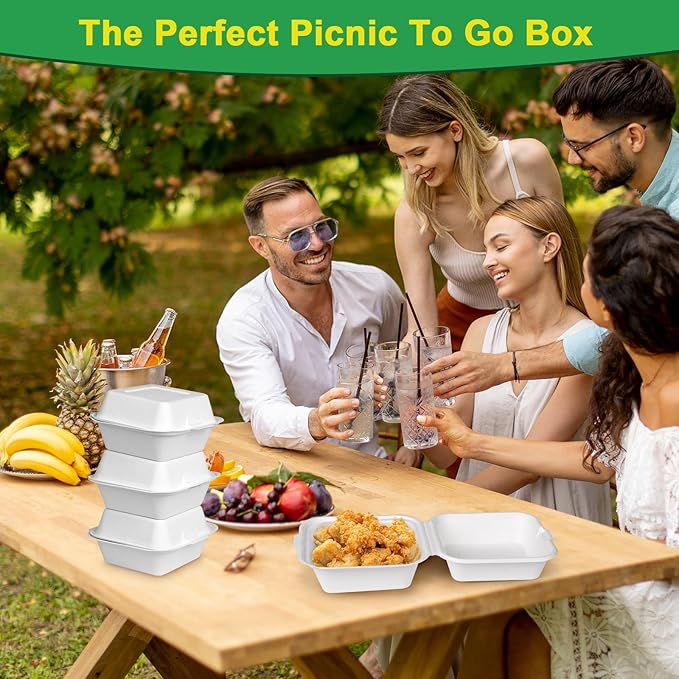 6x6 Clamshell Take Out Containers, 100 Pack To Go Boxes, Compostable To Go Food Containers, Heavy-Duty Take Out Boxes Made Of Sugar Cane Fibers