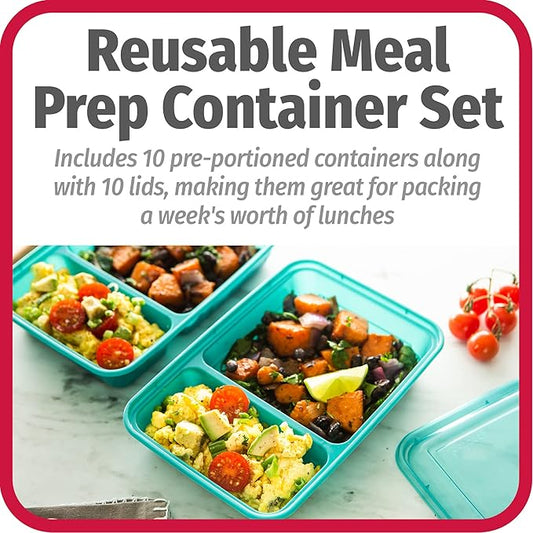 GoodCook Meal Prep Rectangle Two Compartment 20-Piece, Teal, Made without BPA