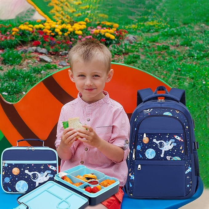 Boys Backpack - Astronaut Bento Box with Insulated Lunch Bag Pencil Case & Utensils Set for Kids, 6 Leakproof Compartments Removable Tray Lunches or Snack Container
