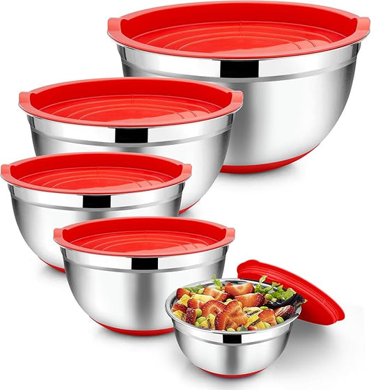 TeamFar Mixing Bowls with Lids Set, 7/3.5/2.5/1.5/1 QT, Stainless Steel Large Red Nesting Metal Salad Mixing Bowl Set of 5, Healthy & Easy Clean, Airtight Lid & Non-slip Bottom