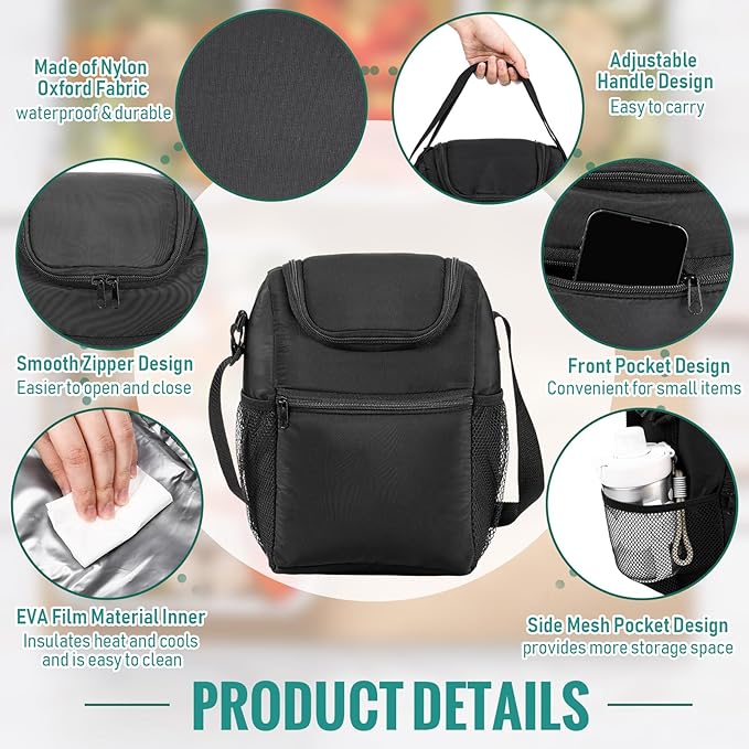Nuogo 10 Pcs Insulated Lunch Bags Bulk, Reusable Lunch Boxes, Black Waterproof Thermal Cooler Bags with Zipper, Adjustable Strap for Men Women Work School Outdoor Camping Picnic Beach