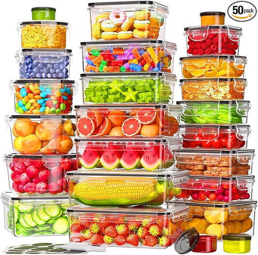 50 Pcs Large Food Storage Containers with Lids Airtight, Total 628.8OZ Stackable Kitchen Organization Set, BPA-Free Plastic Meal Prep Container with Labels & Marker Pen