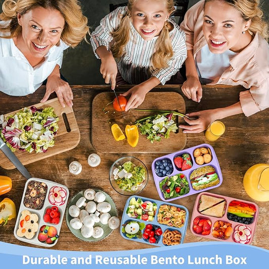 MaMix Bento Box Adult Lunch Box, 5 Compartment Snack Box for Adults 4 Pack, Reusable Stackable Snack Containers for Kids Adults with Utensils, for School, Work, and Travel (Wheat)