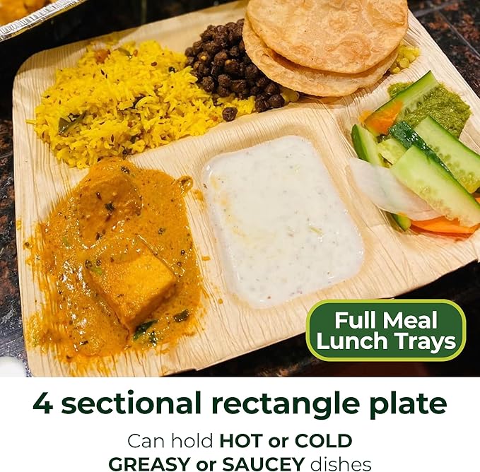 Palm Leaf Compartment Plate Disposable 11x9 Inch (50 Pc.) Bamboo Divided Plate look Compostable Portion Plates For Lunch Canteens, Picnic, Birthday | Sturdy Alternate to Paper Sectional Plates