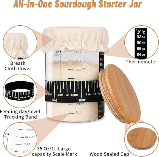 Pro Sourdough Starter Jar Kit 2 Packs-35 Oz Sourdough Bread Starter Jar Kit with Date Marked Feeding Band,Thermometer,Spatula,Cloth Cover& Lid for Sour Dough Bread Loaf (2 Pcs)