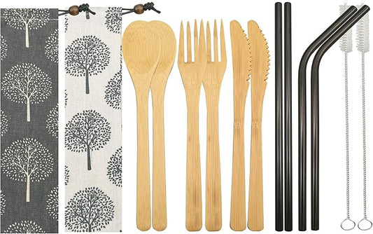 UPTRUST 2 Set Reusable Bamboo Cutlery Set - 6-Piece Flatware with 7.8 Inch Bamboo Knife, Fork, Spoon - 3 Colors Metal Straw and Clean Brush