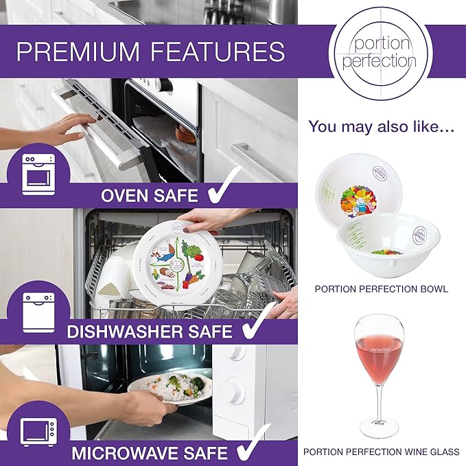 Portion Perfection PORCELAIN Weight Control Plate for Women & Men, 2 Weightcontrol Serving Sizes on all 10-inch Adult Portion Control Plates, Ideal Weight Control Products, Diabetes & Healthier Diets