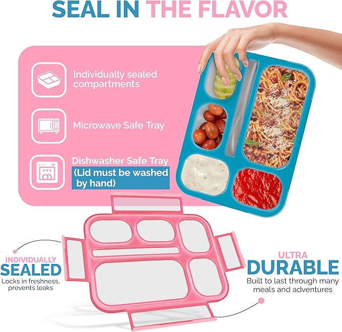 Bento Lunch Box Kids & Adult: Leakproof Containers for Boys & Girls with 6 Compartments - School, Daycare, Meal Planning Portion Control Container, BPA-Free Boxes, Utensils, Blue & Pink Set