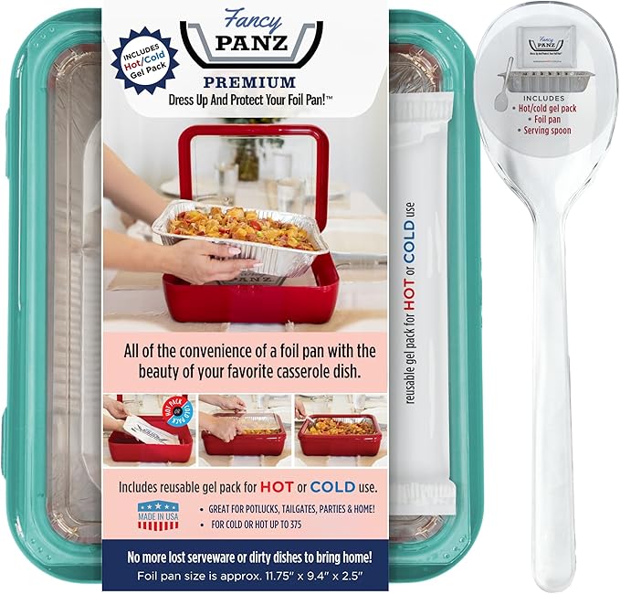 Fancy Panz Premium, Serving Tray for Food, Made in the USA Foil Pan Carrier, Stackable Aluminum Pan Holders, Travel Casserole Carrier, Aqua