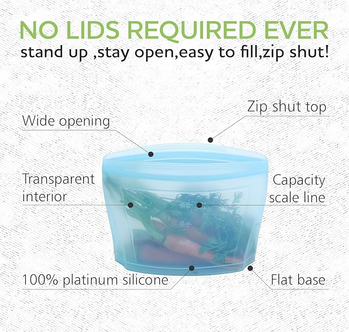 Reusable Silicone Food Storage Bag, Stand Up Food Storage Container, Reusable Zipper seal bag, no lid required, for Food Storage& Meal Prep, Freezer Oven Dishwasher - Safe, Set of 6 Bowls