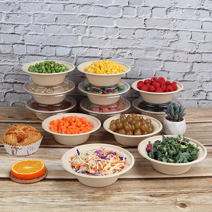 12 oz Round Disposable salad bowls with lids, Sugarcane Fiber Paper Bowls Plant Fibers Freezer Safe 50 Pack