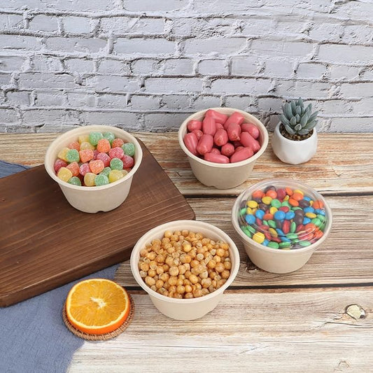 15 oz Round Disposable salad bowls with lids, Sugarcane Fiber Paper Bowls take away food containers Plant Fibers Freezer Safe 50 Pack