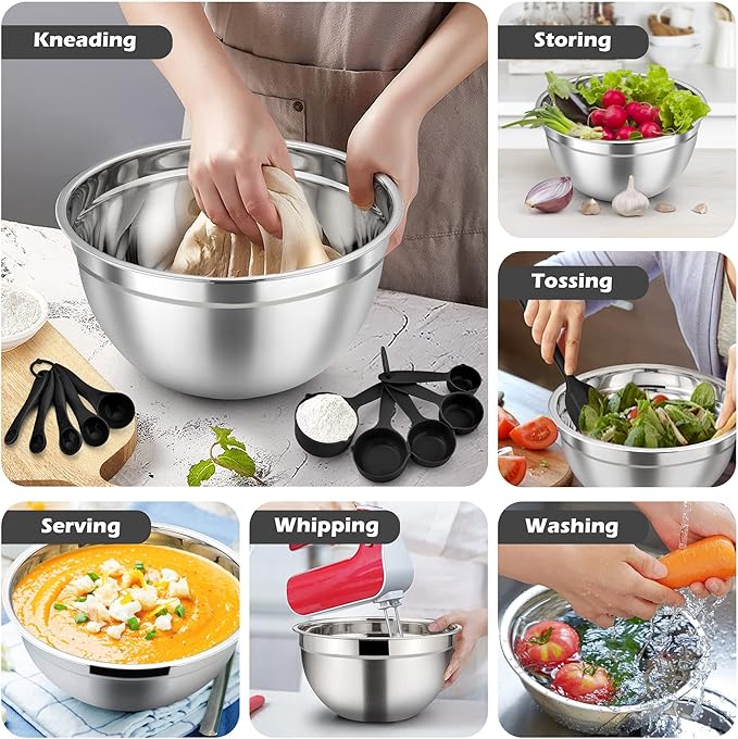 TeamFar Mixing Bowls with Lids Set of 7, Stainless Steel Nesting Salad Mixing Bowls with 16 PCS Cooking Utensils Set, 7, 4.5, 3, 2.5, 1.5, 1.2, 0.7 QT, Fit for Mixing/Prepping, Black