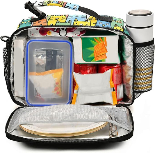 MNSRUU Student Lunch Bag Cute Cat Insulated DinnerTotes Picnic Bag Lunch Box with Adjustable Shoulder Strap for Teen Kids Adults