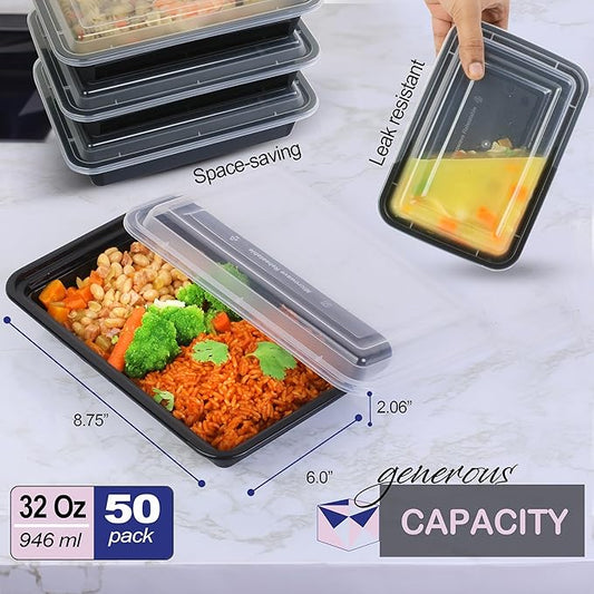 Meal Prep Containers 50 Pack - Food Storage Container with Lids, Resturaunt Take-Out Container, Durable & Airtight, Microwave & Freezer Safe for Freshness, Convenience & Organization (32oz -50 Pack)
