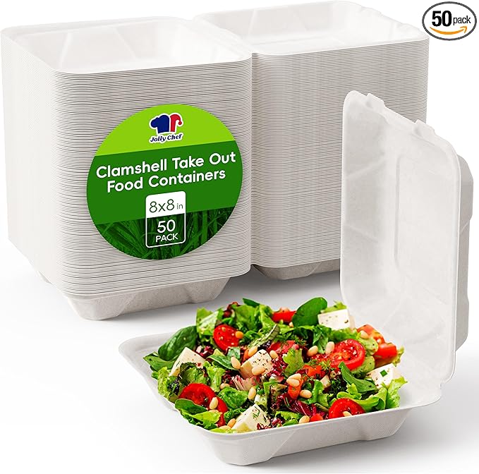 JOLLY CHEF Clamshell To Go Containers, 8 * 8" 50-Pack, Sugarcane To Go Boxes for Salad, Lunch