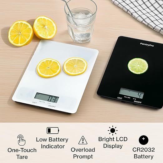 Glass Platform Digital Kitchen Scale - 11lbs / 5kg Capacity - LCD Display g kg oz lb fl.oz ml - CR2032 Battery Included - White