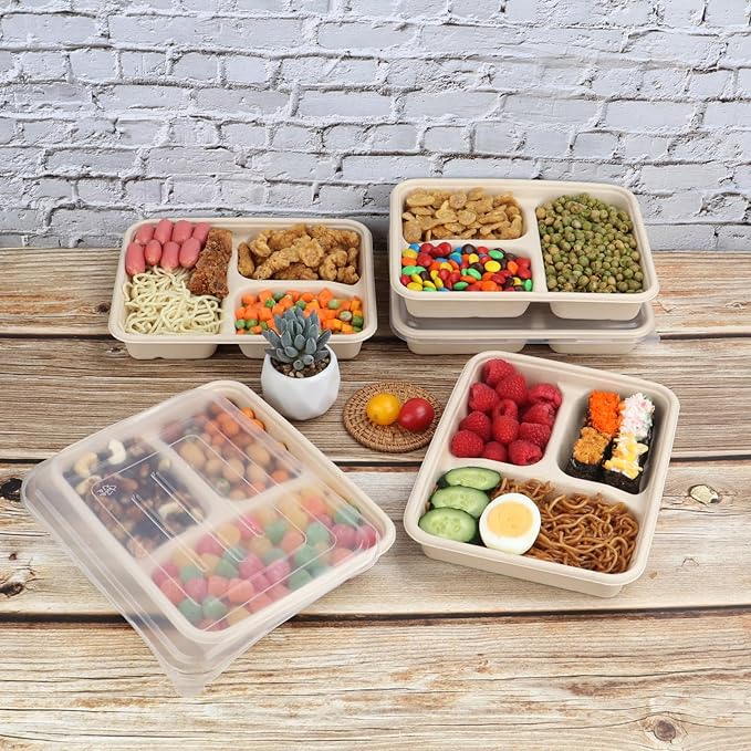 23 oz Sugarcane Fiber 3 Compartments disposable plates with Lids food container sets Plant Fibers Freezer Safe 50 Pack